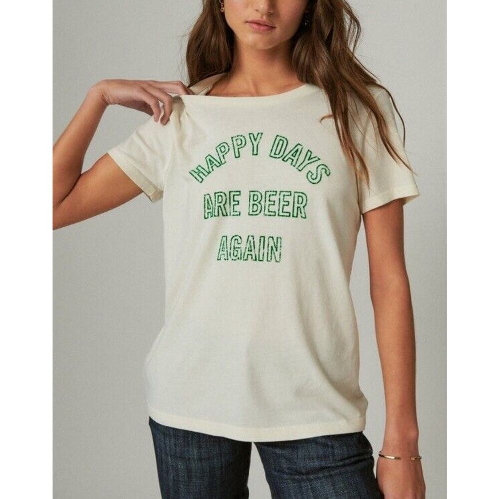 New Lucky Brand Women's Happy Days Are Beer Again T-Shirt White Green XXL NLA